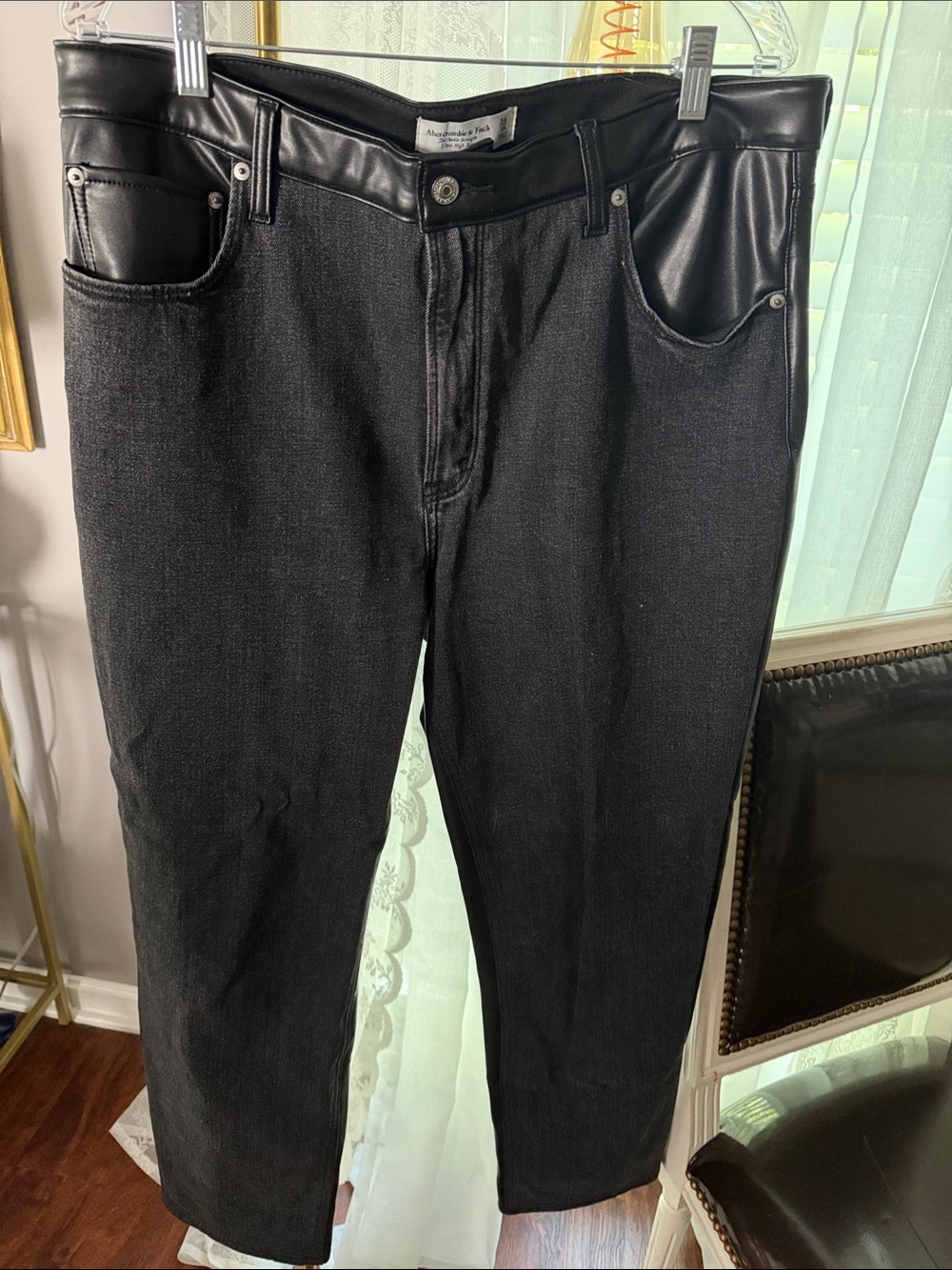 Abercrombie & Fitch Black Straight-Leg Jeans with Faux Leather Trim